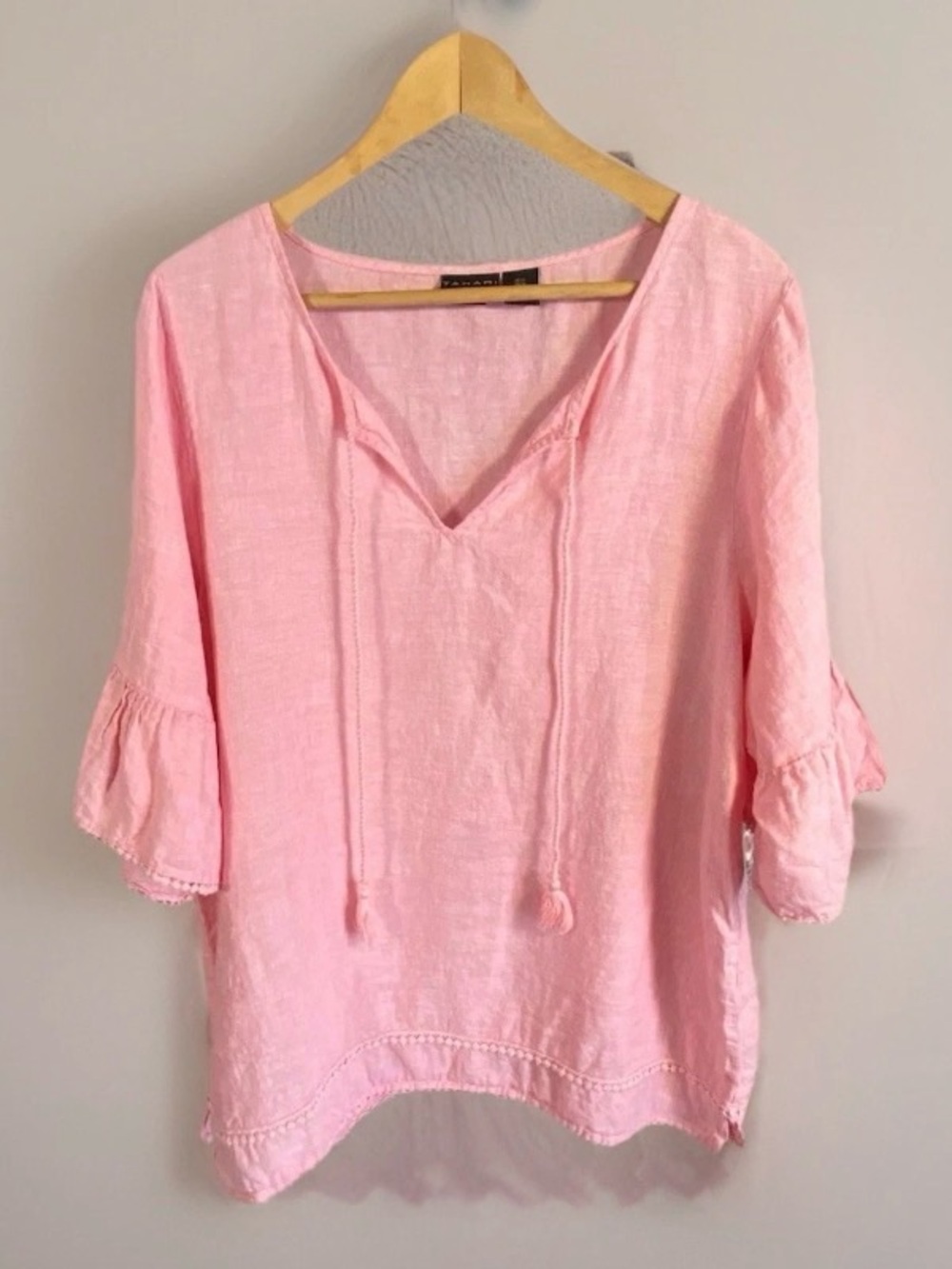 Tahari 100% Linen Top Women’s 1X Light Pink V-Neck Peasant Blouse with Tie